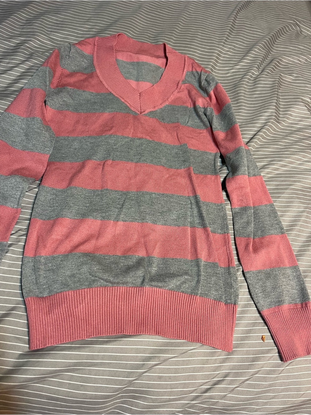 Striped V-Neck Sweater in Rose and Heather Gray
